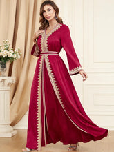 Modest Ramadan Muslim Woman Abaya 2 Piece Set Turkish Robe Solid Tape Trim Full Sleeve V-Neck Belted Clothing Red Dress